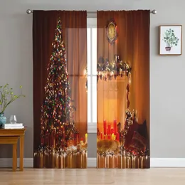 Curtain Christmas Tree Candles Clock Fireplace Voile Sheer Curtains Living Room Window Tulle Curtain Kitchen Bedroom Drapes Home Decor 231013