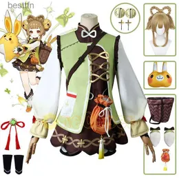 لعبة الأزياء موضوع Genshin Impact Yaoyao Cosplay Come Wig Braid Hair Dress Uniform Basket Rabbit Plush Dold Dold Cos Suit Kids adual231013