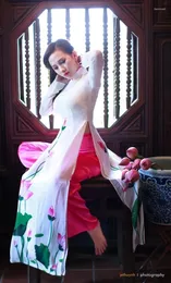 Roupas étnicas sob medida Lotus Aodai Vietnam Cheongsam vestido vietnamita tradicionalmente mangas compridas