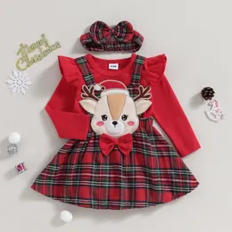 Giyim setleri ma bebek 0 18m Noel doğumlu bebek kız bebek kıyafetleri örgü kırmızı romper geyik ekose etekler headban Noel kıyafetleri kostüm d05 231012
