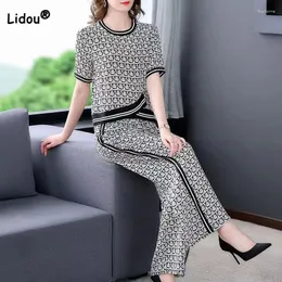 Calças femininas de duas peças moda elegante manga curta impresso camiseta define verão solto perna larga casual conjunto roupas femininas