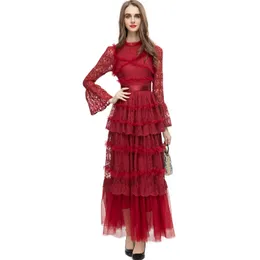 Women's Runway Dresses O Neck Long Sleeves Embroidery Lace Ruffles Elegant Desiger Party Vestidos