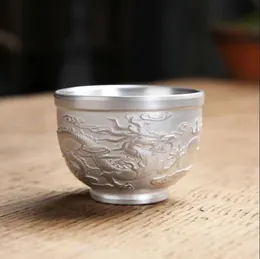 Tazze Tazza d'acqua in argento Artigianale di lusso Dragon Phoenix Tazze da tè intarsiate con opere d'arte del tè Articoli per la casa E11610 231013