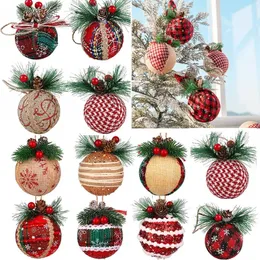 Juldekorationer 12/24st Red Green Plaid Christmas Balls With Pine Cone Xmas Tree Hanging Foam Pendant Juldekorationer Navidad År 231013