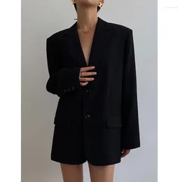 Kvinnors kostymer Luckbn Suit Coat 2023 Autumn Korean version Löst retro Casual Solid Black Small Cardigan