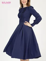 Urban Sexy Dresses S.Flavor Women Long Sleeve Classic Midi Dress Elegant O-Neck Navy Color Peated Working Dresses 231012