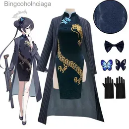 موضوع لعبة الأزياء الأنيمي الأزرق أرشيف cosplay kisaki الخارجية Qipao Windbreaker القفازات الباروك