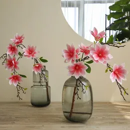 Flores decorativas 6 cabeças abertas magnólia ramo de flor artificial para casamento graden decoração casa mesa seda falsa