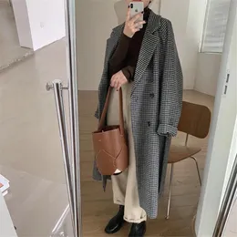 Misto lana da donna Inverno addensato lungo misto lana cappotti Donna Casual sciolto pied de poule plaid giacche caldo cotone imbottito lana coreana Chaqueta 231013