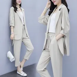 سراويل من قطعتين للسيدات S-4XL Womens Pant Suits Autumn Spring Female Blazer 2PCS Set Three Quarter Sebute Button Compley C75 231013