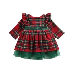 Kleider für Mädchen, geborenes Weihnachtskleid für Babys, kariert, mit Fliegenärmeln, Rundhalsausschnitt, Netzstoff, Patchwork, 231013
