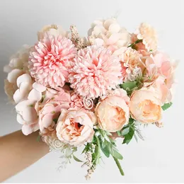 말린 꽃 32cm 장미 실크 모란 모란 인공 꽃 꽃다발 9 머리와 4 개의 새싹 저렴한 가짜 꽃 가정 결혼 인테리어 장식 231013