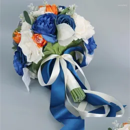 Dekorative Blumen 652F Hochzeit Künstliche Blau Orange Blumenstrauß Ornamente Handheld Ornament Dhadh