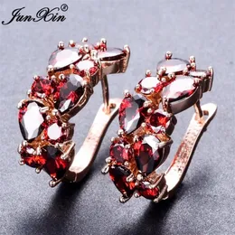 JUNXIN Luxe Vrouwelijke Grote Hoepel Oorbellen Rose Gold Filled Rood Wit Zirkoon Oorbellen Mode-sieraden Bruiloft Voor Women296I