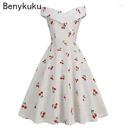 Casual Dresses Cherry Print Off Shoulder Evening Party Dress Women Summer Elegant Sexy V-Neck Rockabilly 50s 60s Vintage Robe Femme