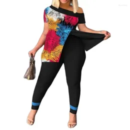 Frauen Zwei Stück Hosen Sexy T-shirt Strumpfhosen Sets 2023 Sommer Mode Casual Schrägen Hals Off Schulter Tees Anzug S-XXXL