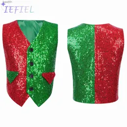 Theme Costume Kids Boys Elf Vest Christmas Santa Come Xmas Holiday Stage Show Waistcoat Sequin Blazer Vest Top Cosplay Holiday PartyL231013