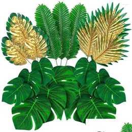 Dekorativa blommor 66 st 6 slags konstgjorda palmblad med faux monstera stjälkar tropisk växtsimation safari för dh8ze