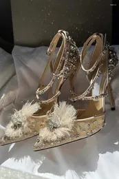 Sapatos de vestido sexy malha pena salto alto tornozelo cinta bombas mulheres apontou toe fivela sandálias de renda senhoras cristal sweety fada noiva