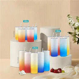 25oz Sublimation tumbler Glass Can Gradient Color Creative Sequins shape Bottle with Lid and Straw Summer straight Drinkware Juice315T