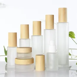 30ml 40ml 60ml 80ml 100ml Frosted Glass Cosmetic Jar Bottle Face Cream Pot Lotion Spray Pump Bottles with Plastic Imitation Bamboo Lids Kcoc