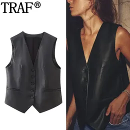 Women's Jackets TRAF 2023 Sleeveless Black Vest Woman Faux Leather For Women Fashion Button Cropped Waistcoat Y2K Autumn Basic Jacket 231012