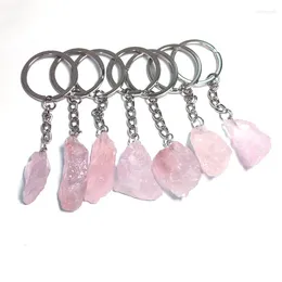 Keychains 12pcs Natural Rough Raw Stone Keychain Pink Crystal Quartz Car Key Holder Mineral Ring Jewelry Bulk