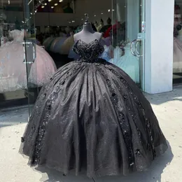 2024 الفخامة الأميرة السوداء الفاخرة Quinceanera الديكور زهرة الزهرة فستان تول أناقة حلوة فيديدو دي 15 16 أنوس