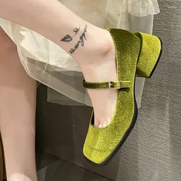 Klänningskor tjocka klackar silkes sammet Mary Jane Women 2023 Spring Ankle Buckle Square Toe Pumps Woman Fashion Green Party Zapatos