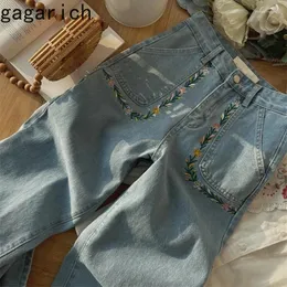 Kvinnors byxor gagarich franska kvinnor 2023 sommar vintage samling broderad blomma hög midja smal bred ben rak cylinder jeans