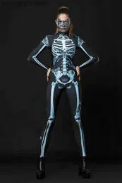 Tema Traje 2022 Esqueleto Impressão Digital Mulheres Skinny Halloween One Piece Macacão Cosplay Venha Sexy Bodysuit Zentai Terno Mulheres T231013