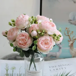 Suszone kwiaty 30cm różowy różowy jedwabny jedwabia sztuczne kwiaty bukiet 5 Big Head i 4 pąki