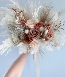 Decorative Flowers Wedding Bride Bouquets Bridesmaids Holding Pampas Palm Dried Bouquet For Boho Weddings Bridal Anniversary Decor