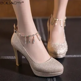 Klänningskor Spring Gold High Heels Platform Woman Pumps Autumn 2023 Luxury Crystal Ankle Ctrap Wedding Shoe Tacones Mujer Silver Pink 31-43 231013