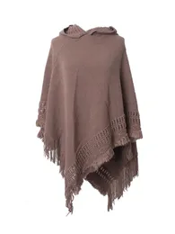 Szale jesienne zimowe dzianiny z kapturem stały kolor SWETOR SWEATER Poncho Women Casual Tassel Batwing Sleeve Cloak Cape 231012