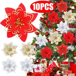 Flores decorativas 10/1 Uds. Adornos colgantes artificiales con purpurina para árbol de Navidad decoración de fiesta de año en casa con flores falsas