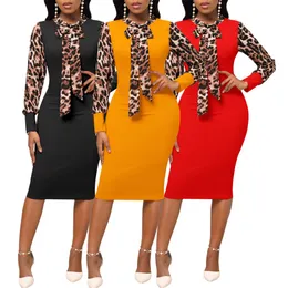 2023 vestido estampado de leopardo feminino elegante com painéis manga comprida bodycon vestidos midi frete grátis