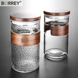 Tumblers Borrey High Boron Silicon Crescent Tea Cup Wood Cover Frosted Glass Transparent vattenflaska med filterkontor Drinkware 231013