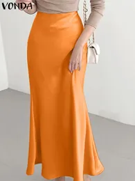Skirts Summer Maxi VONDA Elegant Satin Women High Waist Solid Color Bottoms 2023 Pleated Casual Loose Streetwear Long 231013