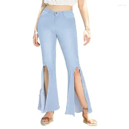 Jean évasé pour femmes, pantalon taille haute, couleur unie, Slim, ample, coupe botte, Denim décontracté, grande fente sur le devant, délavé, mode maman