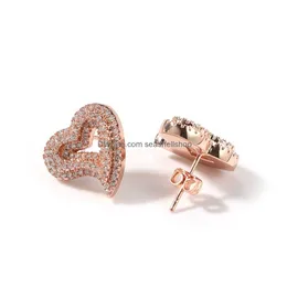 Stud 1 paio Hip Hop Claw Set Cz Stone Bling Ice Out 3 strati Orecchini a forma di cuore per uomo Donna Uni Lovers Rapper Gioielli Gioielli Earri Dhi70