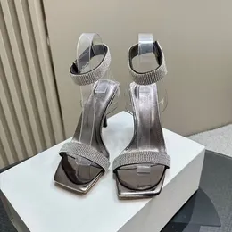 Sandali con tacco alto con diamanti caldi, Pantofole con tacco alto, Fodera interna con punta quadrata e punta aperta, Scarpe da fabbrica per feste in vera pelle alla moda in pelle laccata 35-42