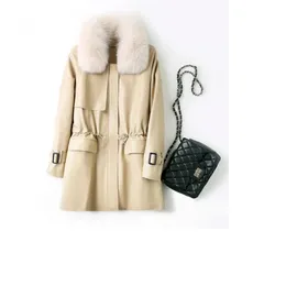 Kvinnor Down Parkas Luxury Sheep Leather Jacket Winter Natural Päls krage tjock varm vit anka dam midja dragkammar 231013