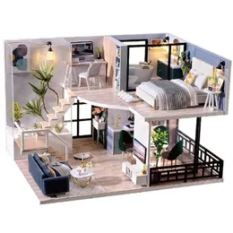 Docka hus tillbehör sötbee diy dollhouse kit trä dollhus miniatyr möbler med led leksaker för barn födelsedagspresent l32 2 dh2zn