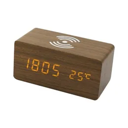 Inne zegary akcesoria cyfrowe budzik z bezprzewodowym ładowaniem sypialni drewniane elektryczne biurko LED 72xf dom domowy dekoracje domowe zegar dhoex
