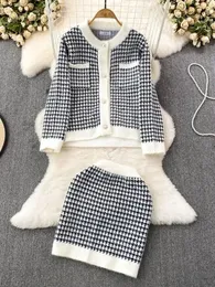 Two Piece Dress Women Knitted Skirt Suit Winter Autumn Office Lady Elegant Houndstooth Crew Neck Cardigans High Waist Pencil Skirts 2 Piece Sets 2024