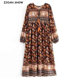 Bohemia Lacing up V neck Location Big Flower Print Long Dress BOHO Woman Sleeve Tassel Strappy Holiday Dresses Beach 210429245H