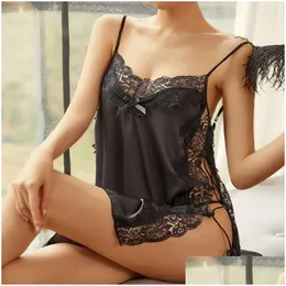 Womens Sleepwear Women Sleepwear Summer Woman Y Pajama Nightgown sexy Erotic Satin Comfy Sleepdress Side Bandage Hollow Out Lingerie Lace Dhdate