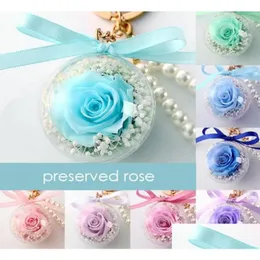 Ghirlande di fiori decorativi Fiore di rosa conservato in acrilico Portachiavi con sfera Nappa immortale Regalo romantico San Valentino039S Giorno Compleanno8 Dhign