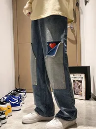 Herr jeans foufurieux höft pie blå baggy män överdimensionerad vintage streetwear denim byxor lapptäcke tryck lösa breda benbyxor harajuku